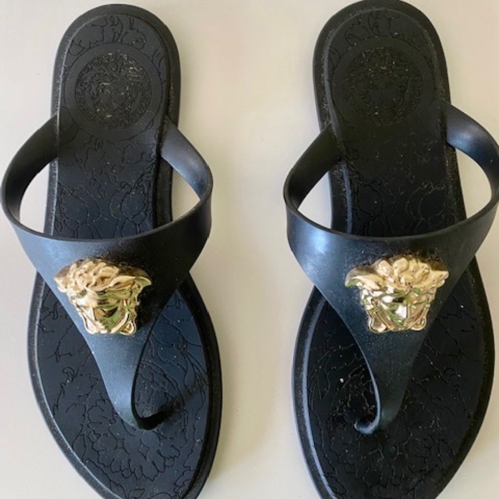 Versace Black Sandal Thong with Gold Medusa Emblem
